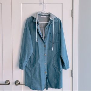 Long denim jacket with removable hood
